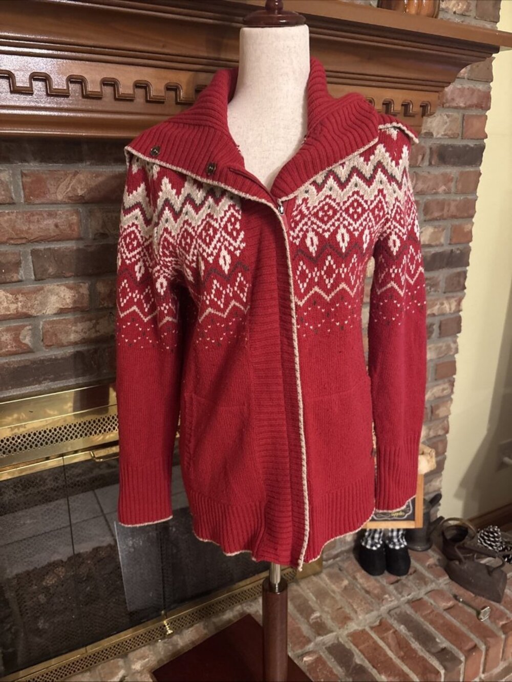 Eddie Bauer Red Fair Isle Wool Blend Full Zip Cardigan Sweater Womens Medium